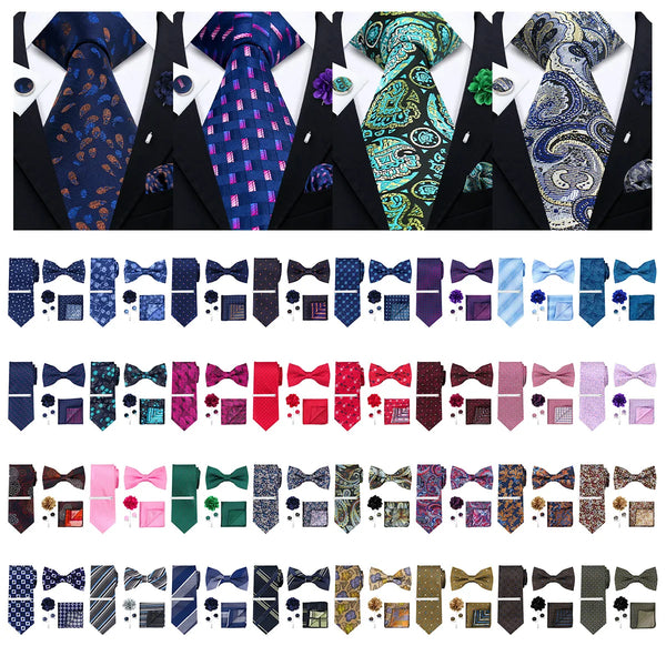 A collection of six men's formal ties and accessories featuring various patterns, colors, and textures.
