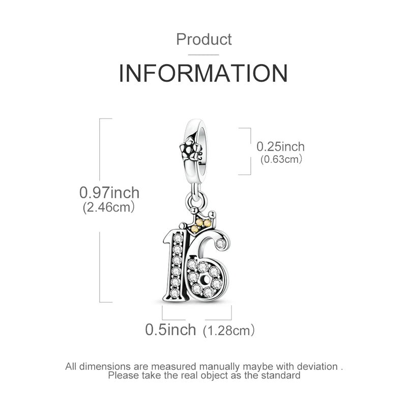 Sterling silver charm bracelet featuring a large number 16 pendant and a star moon charm.