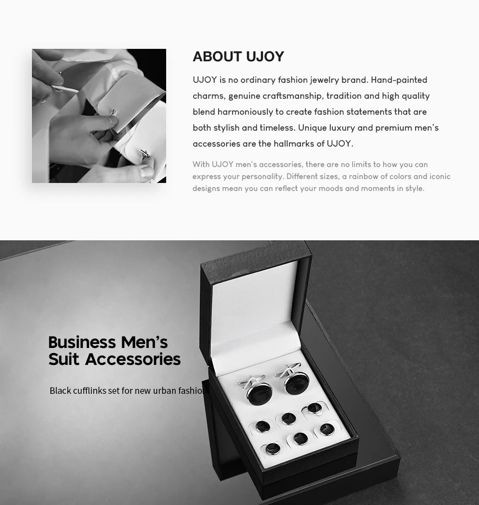 Un set de boutons de manchette noirs pour accessoires de costume pour hommes, présenté dans une boîte noire ouverte.