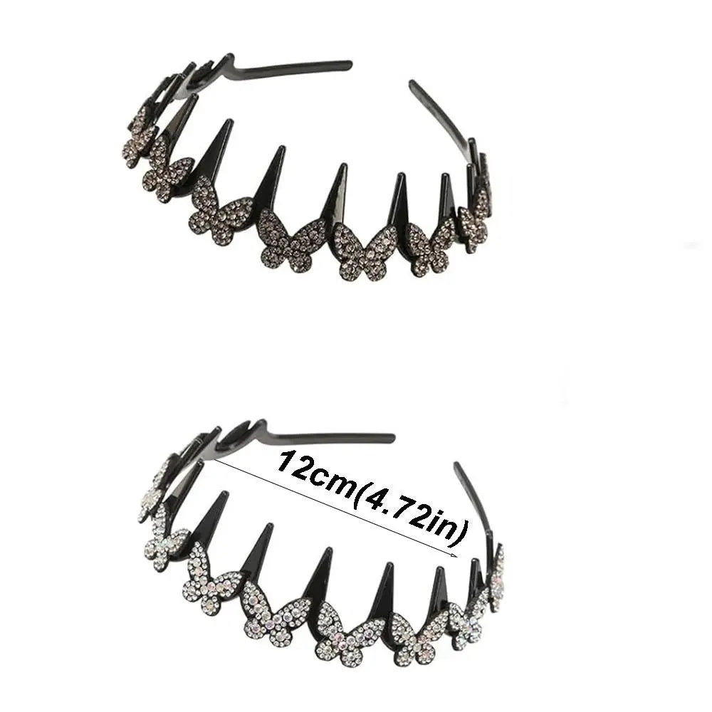 A black headband featuring sparkling butterfly clips.