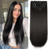 A woman models long, straight, black synthetic hair with ombre tips, displayed next to a clip-in hair extension.