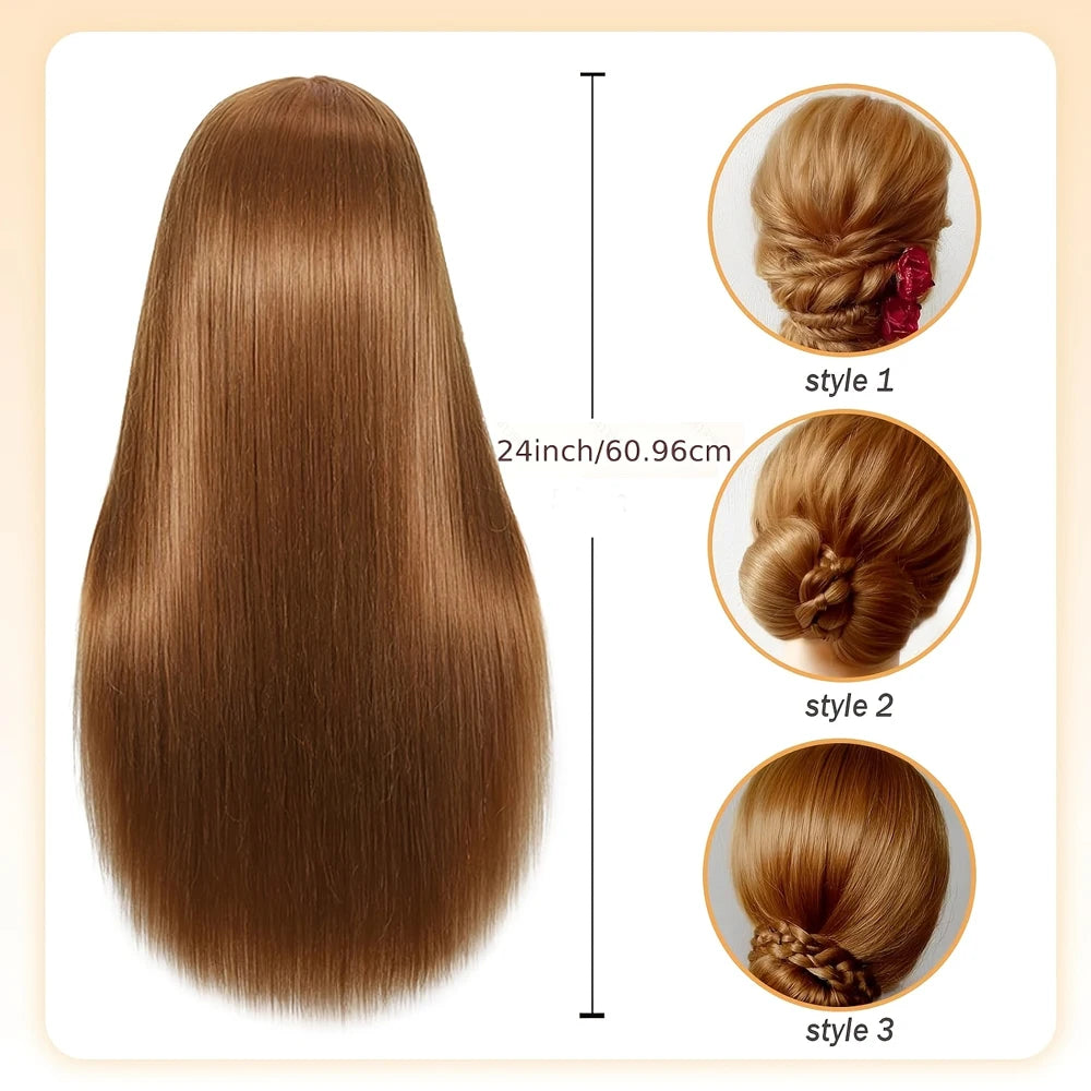 Long straight brown hair displayed with three different hairstyles