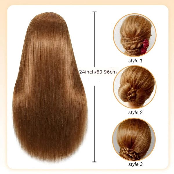 Long straight brown hair displayed with three different hairstyles