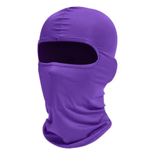 A purple tactical full face balaclava worn by a person.