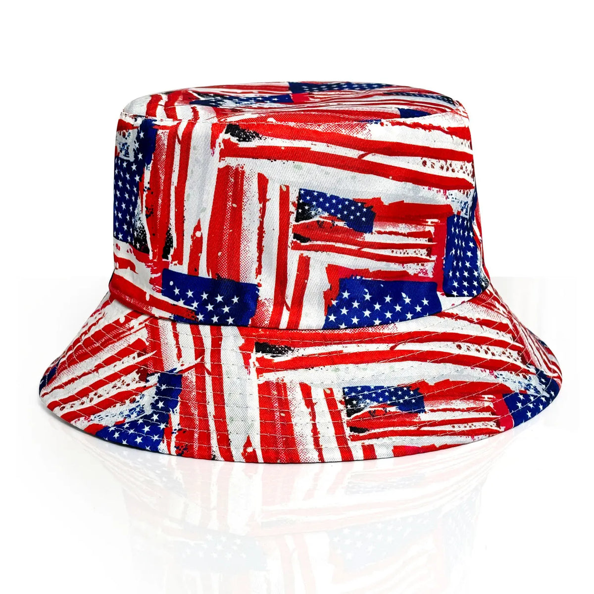 Reversierbare patriotische Bucket-Hat mit roten, weißen und blauen Streifen und Sternen.