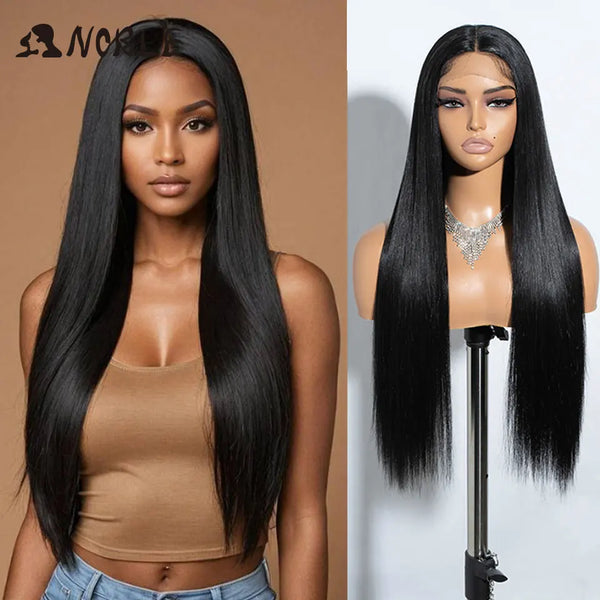 A model showcases a long, straight black lace cosplay wig with a sleek appearance.