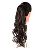 A dark brown, long, wavy hair extension styled in a high ponytail on a mannequin head.