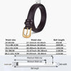 A black leather belt is shown with various size measurements and dimensions.