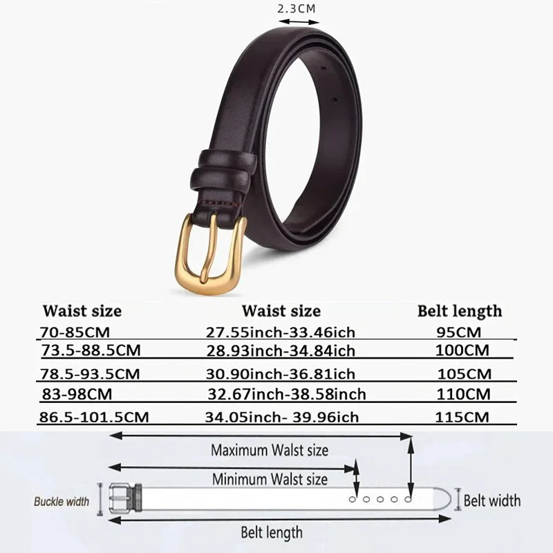 A black leather belt is shown with various size measurements and dimensions.