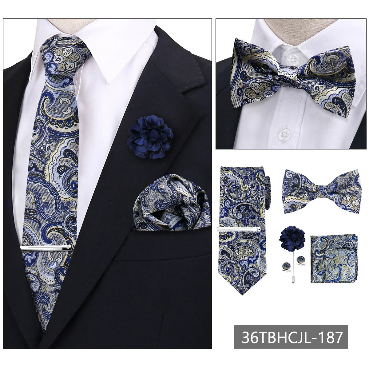 A set of men's formal tie and accessory featuring a blue and gold paisley pattern on a black suit jacket.