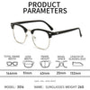 Gráfico de parámetros del producto mostrando las dimensiones de un par de gafas negras.