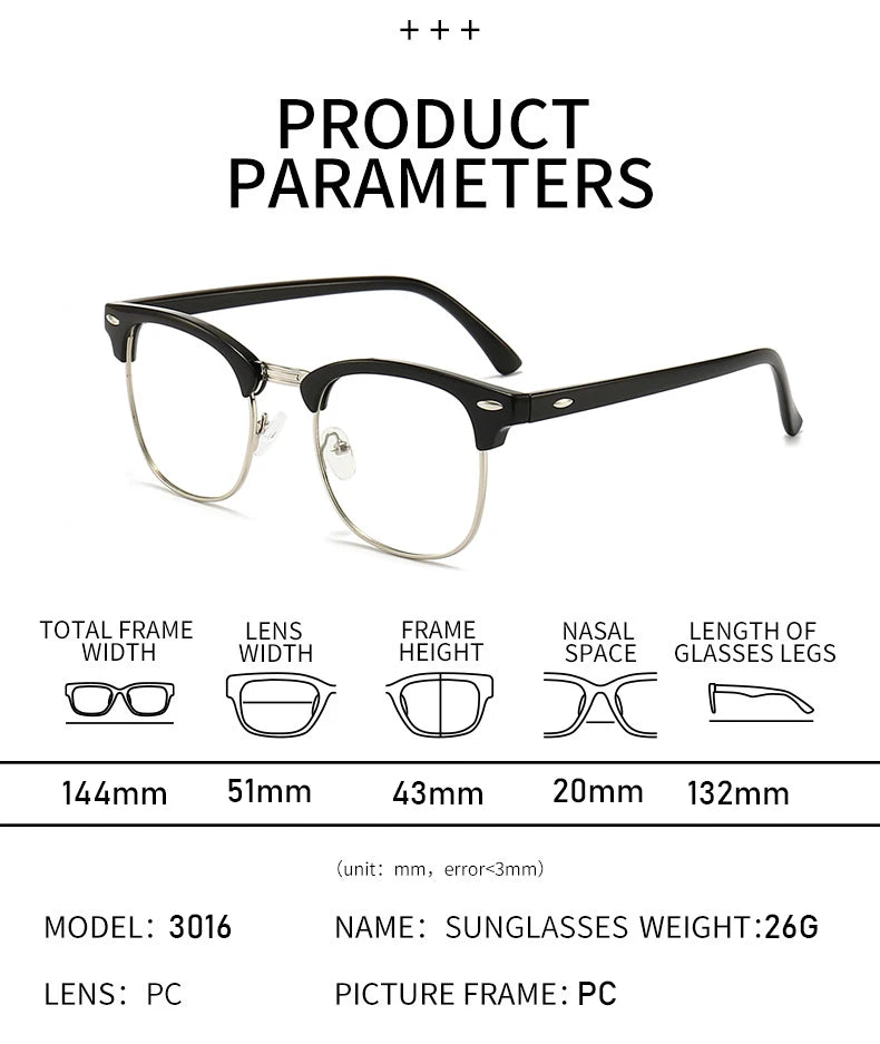Gráfico de parámetros del producto mostrando las dimensiones de un par de gafas negras.