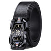 A black men's automatic buckle belt featuring a crocodile pattern and Roman numerals on the buckle.