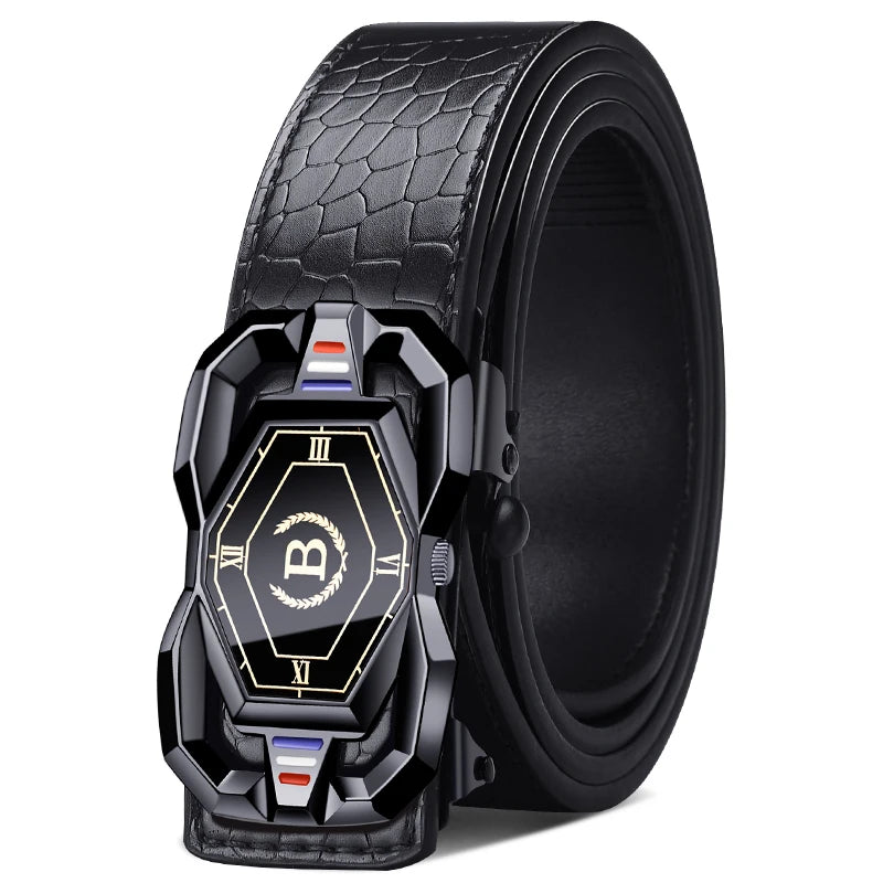 A black men's automatic buckle belt featuring a crocodile pattern and Roman numerals on the buckle.