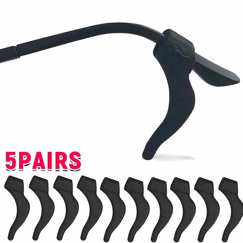 A pair of black silicone anti-slip ear hooks for eyewear shown from the side.
