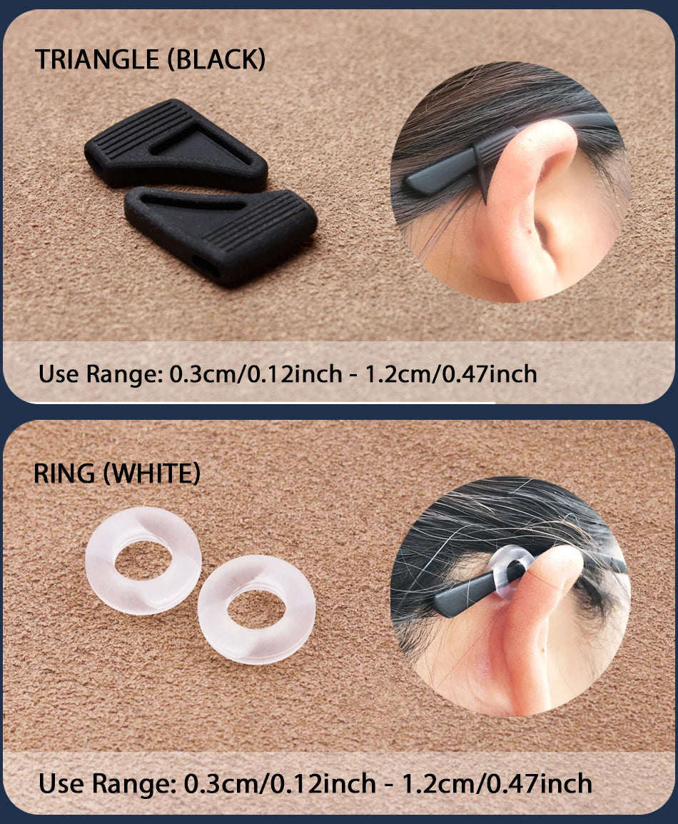 Black triangle silicone ear grip hooks and white ring silicone ear grips shown with usage range details.