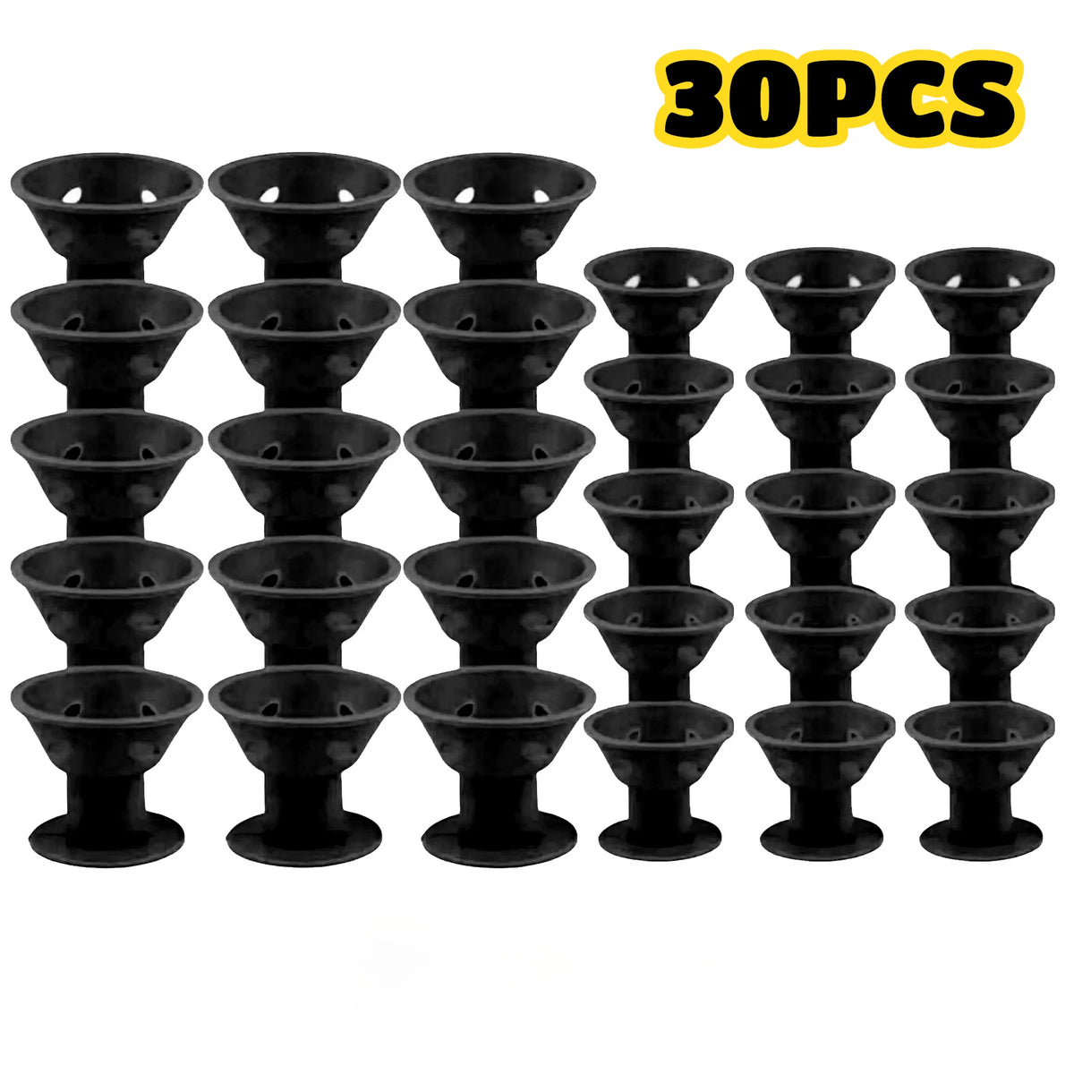 A set of 30 black heatless magic hair curlers in various sizes.