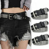 Black studded leather belt with silver buckle and metal rivets