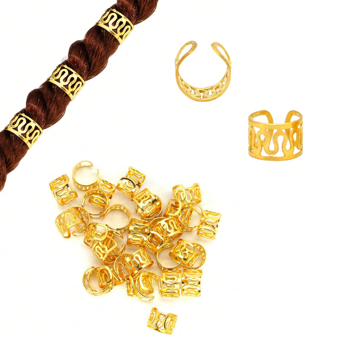 Goldlegiertes Haar-Schmuck mit Zopf, Ohrhängen und Haarklammern für Flechtwerke und Dreadlocks
