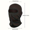 A dark brown balaclava set for sports and outdoor activities shown with dimensions.