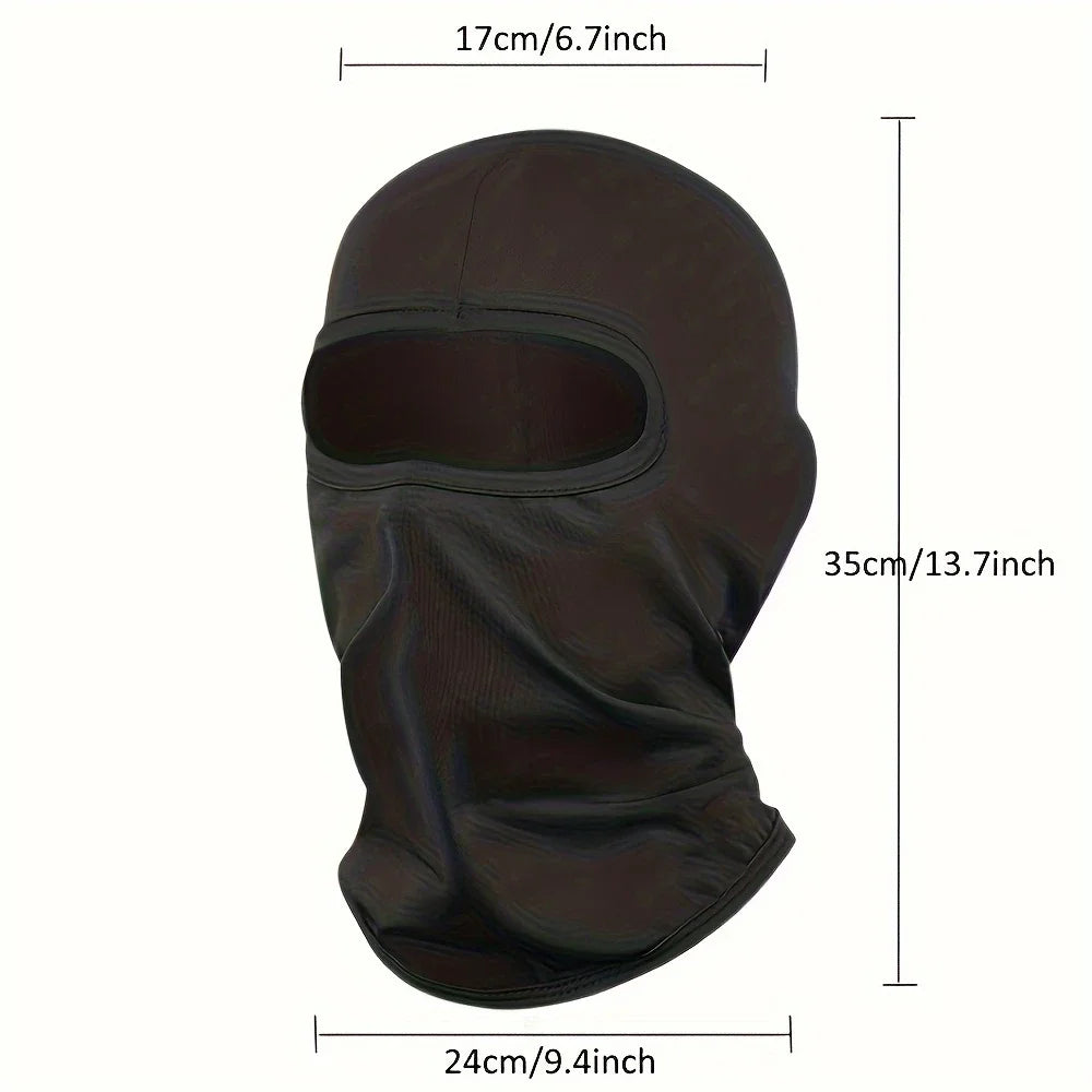 A dark brown balaclava set for sports and outdoor activities shown with dimensions.