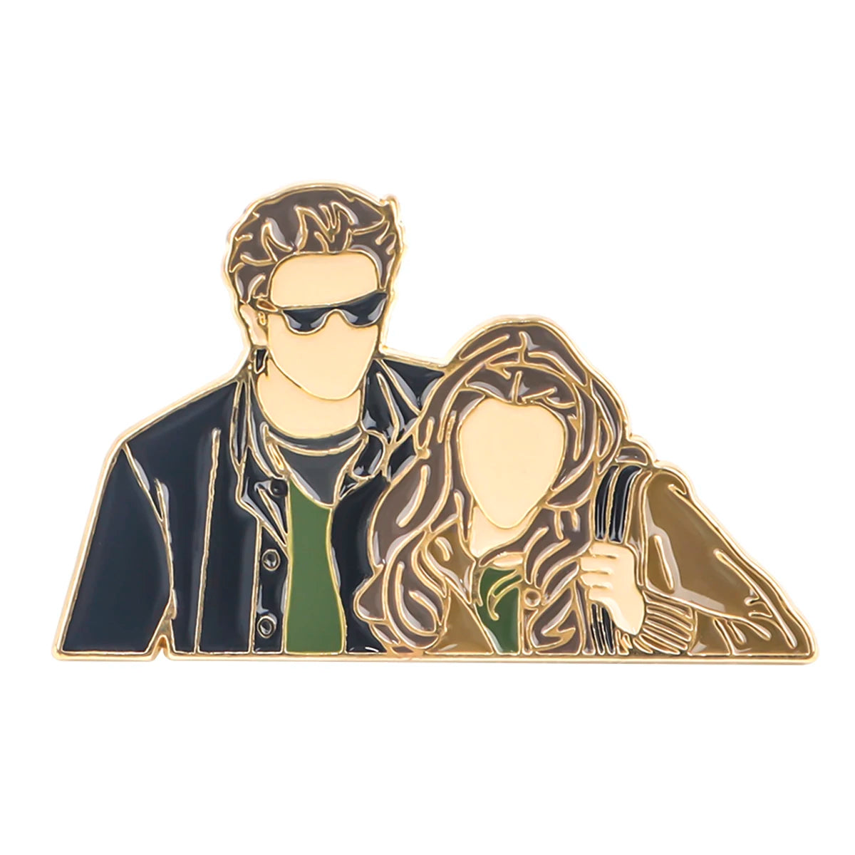 Broche émail couleur or représentant un homme et une femme stylisés.