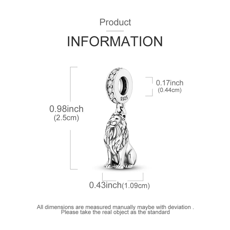 A sterling silver lion charm pendant shown with various dimensions.