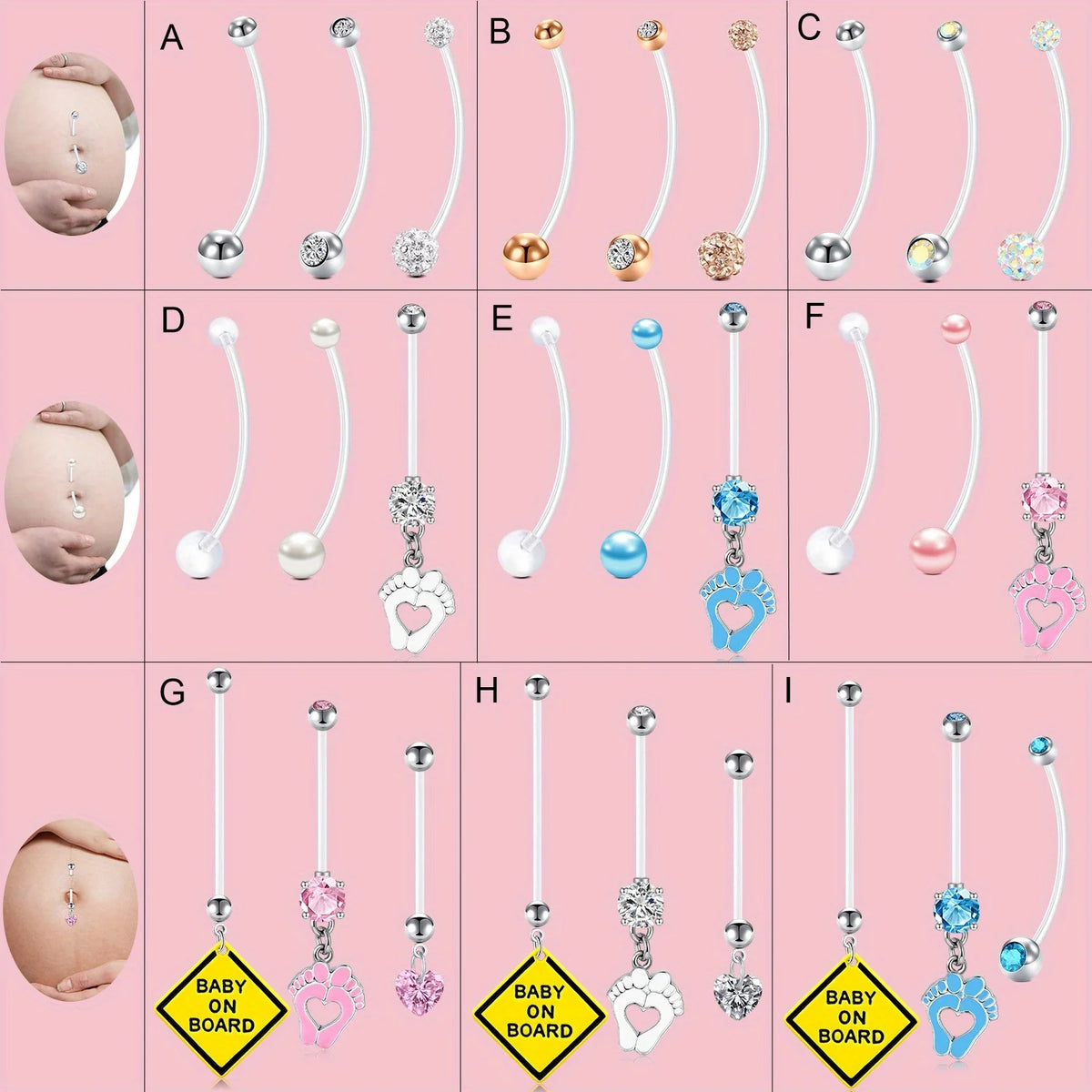 A set of elegant belly button rings featuring various colored and shaped charms for piercing