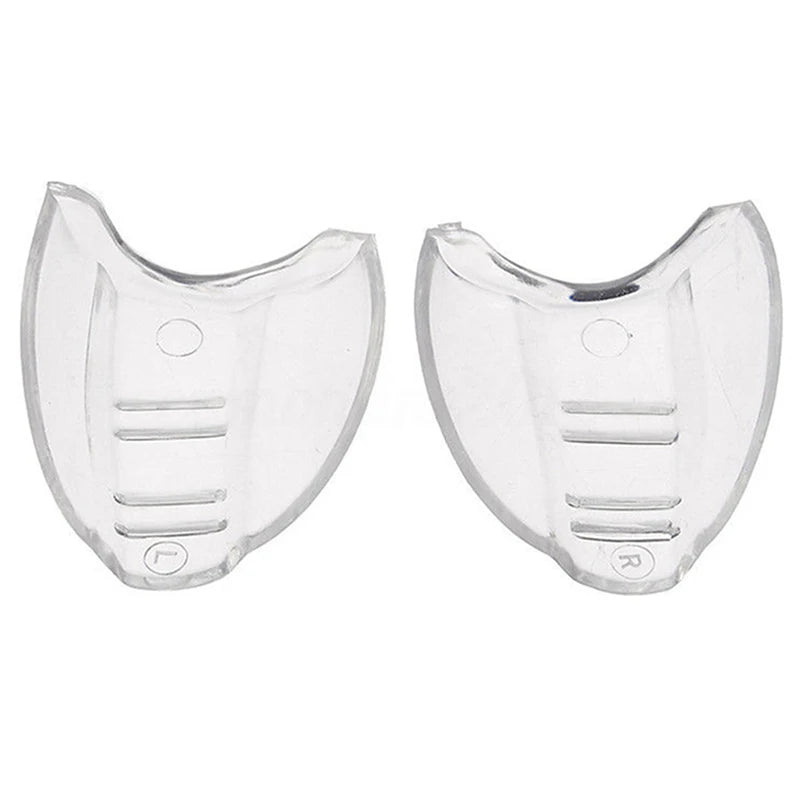 A pair of flexible clear eye shields for eyeglasses, showing left and right sides.