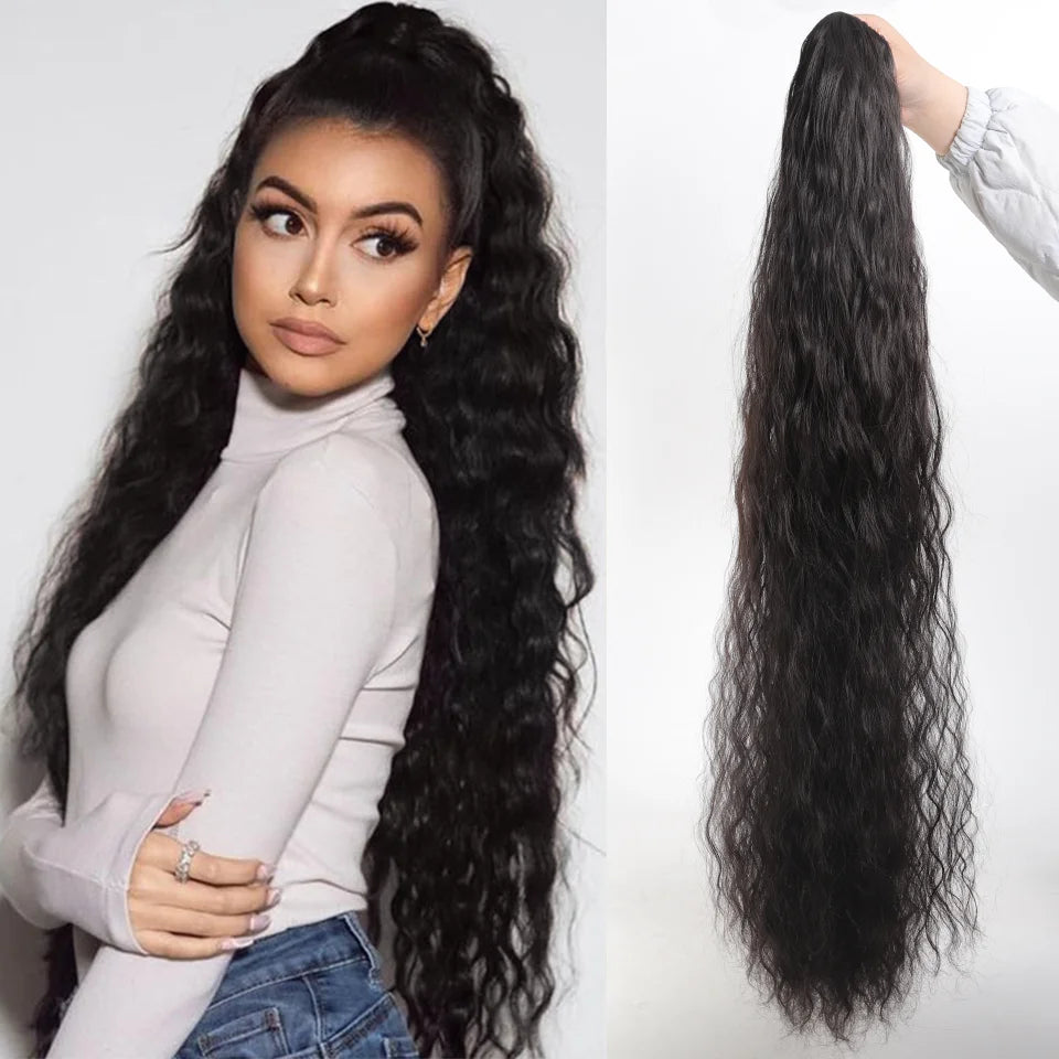 A woman models long, black synthetic drawstring hair extensions with a turtleneck top.