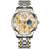 A stainless steel quartz wristwatch with a gold-toned dial and silver bracelet.