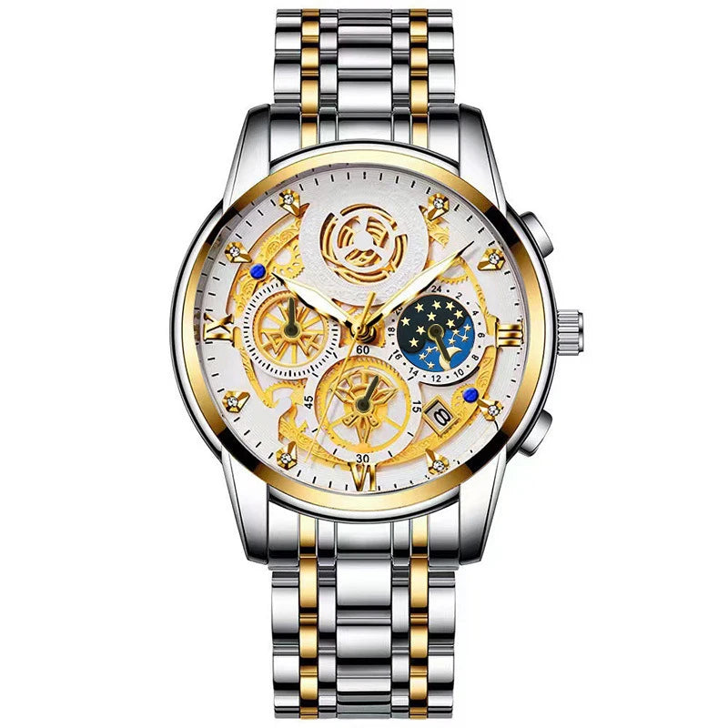 A stainless steel quartz wristwatch with a gold-toned dial and silver bracelet.