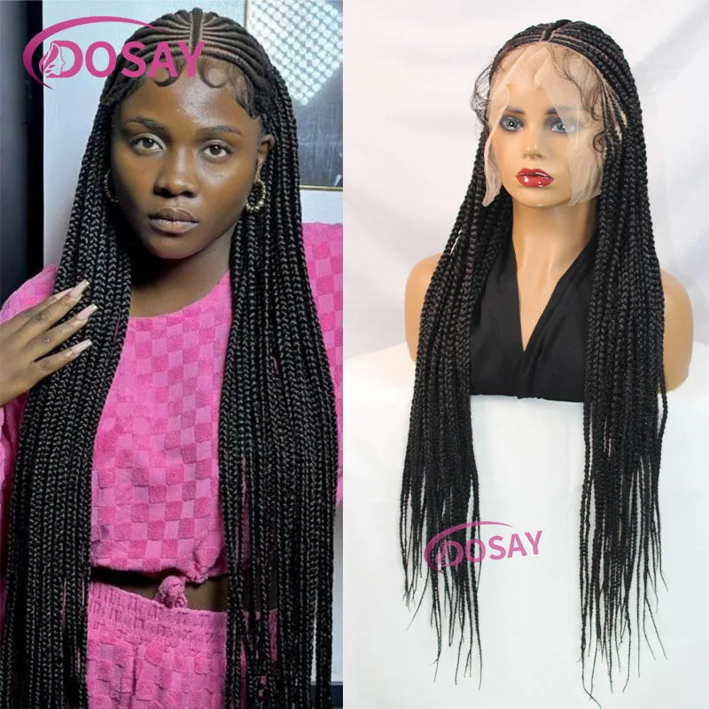A close-up photo of a woman modeling a long black braided wig with a full lace front