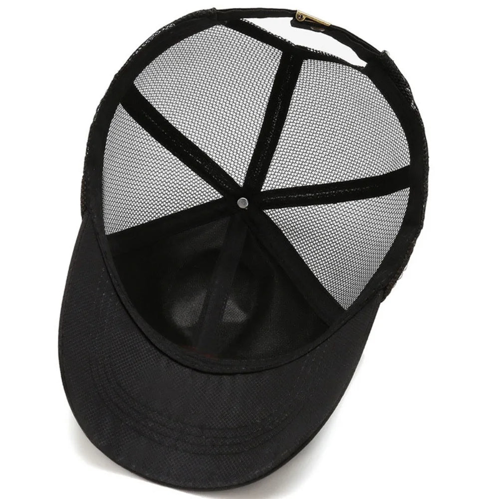 Black mesh sun visor cap with a vented design and a solid black brim.