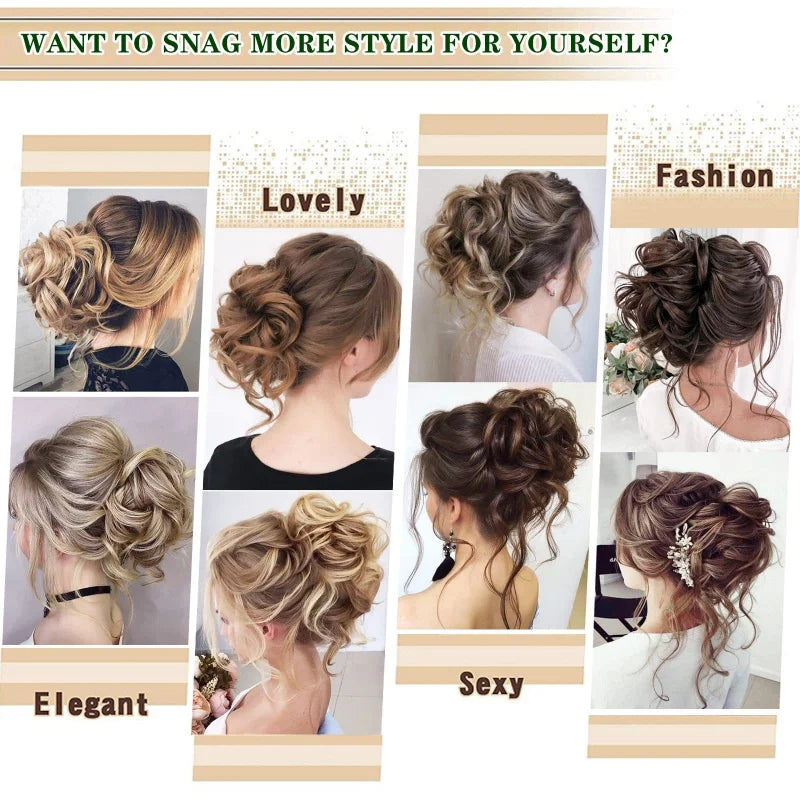 A collage showing various elegant and fashionable hairstyles like buns, updos, and curls for women.