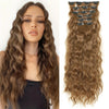 Long brown curly hair extensions featuring 16 individual clips for wavy texture