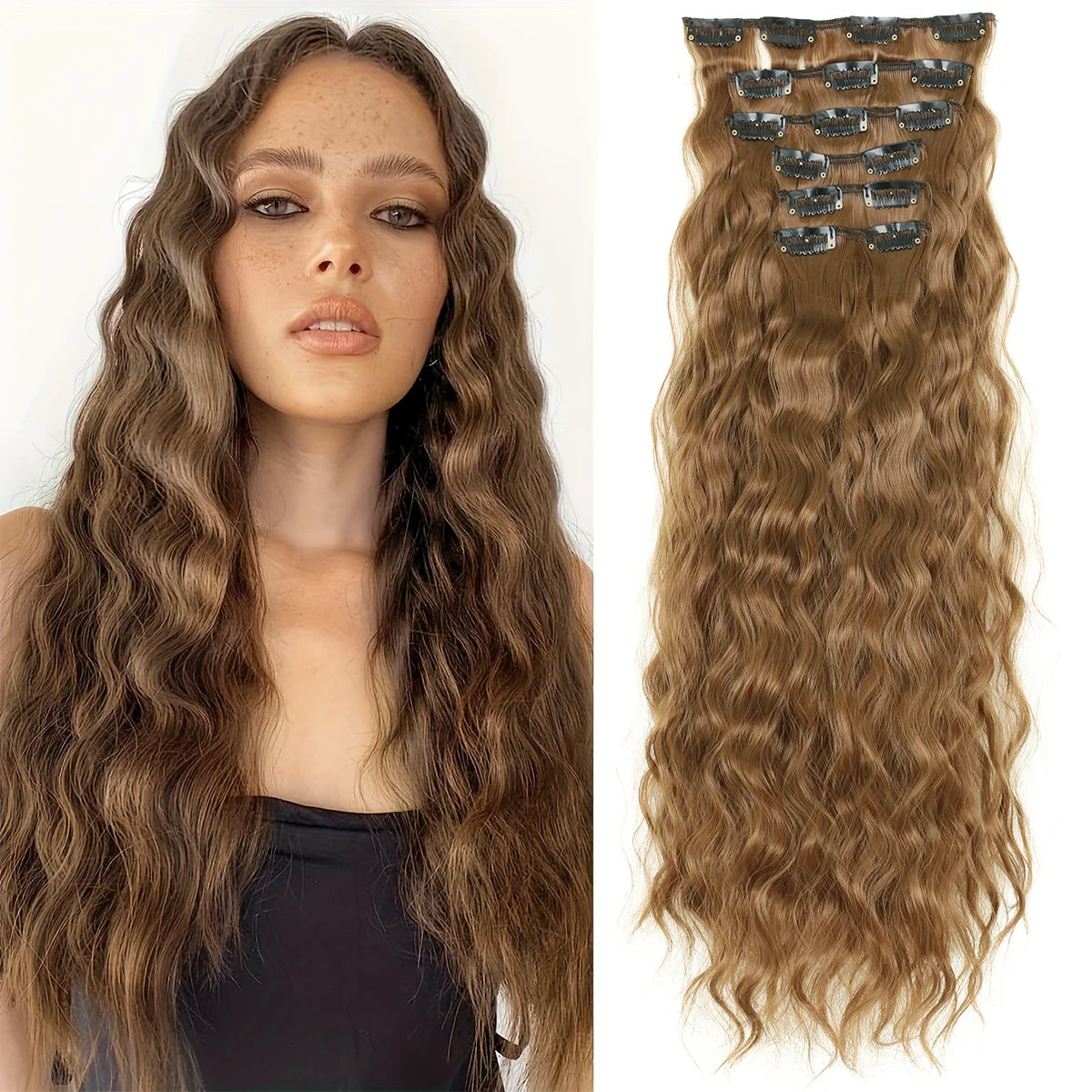 Long brown curly hair extensions featuring 16 individual clips for wavy texture
