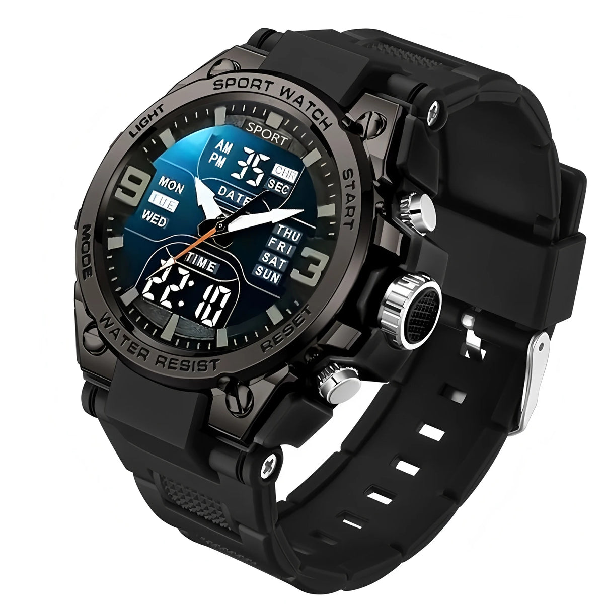 A black multi-function digital sports watch with a dark face and light blue display showing time and date.