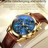 A close-up of a blue and gold multi-function chronograph wristwatch with a brown leather strap resting on a white surface.