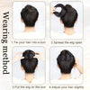 Instructions showing how to wear a synthetic hair bun using elastic clips and adjust the hair.