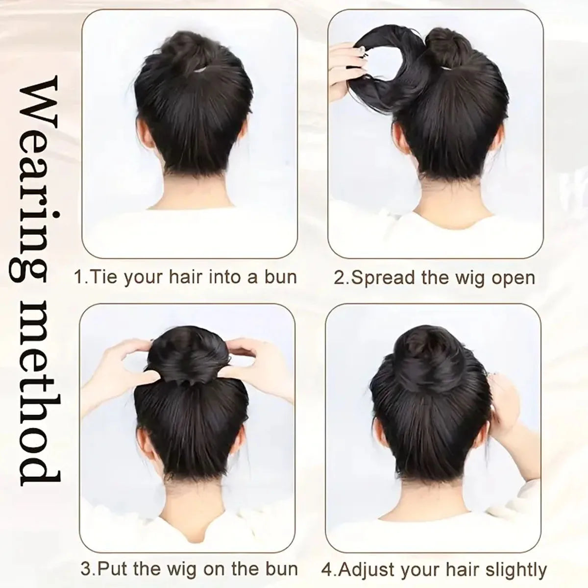 Instructions showing how to wear a synthetic hair bun using elastic clips and adjust the hair.