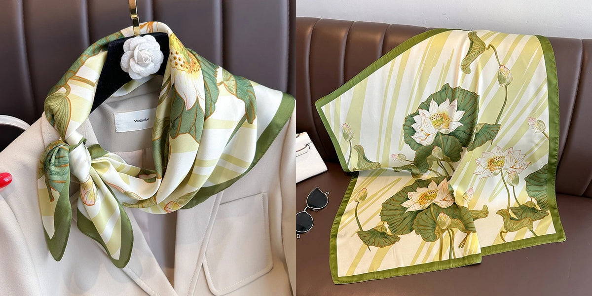 A floral print silk scarf in green and cream tones draped around a collar and displayed next to a folded scarf.