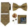 A men's formal tie and accessory set featuring a gold sequined tie, bowtie, and a matching pocket square.