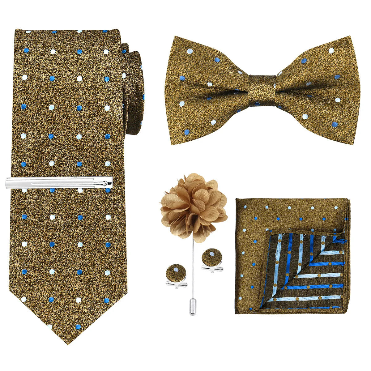 A men's formal tie and accessory set featuring a gold sequined tie, bowtie, and a matching pocket square.