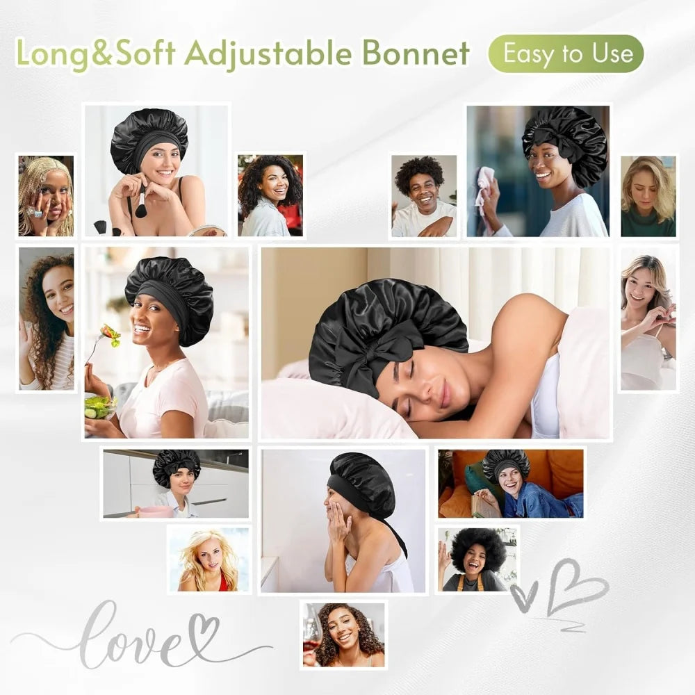 A collage showing a black satin sleeping bonnet with an adjustable tie band being worn by various women.