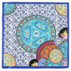 A square silk scarf featuring intricate blue and white floral patterns with colorful accents.