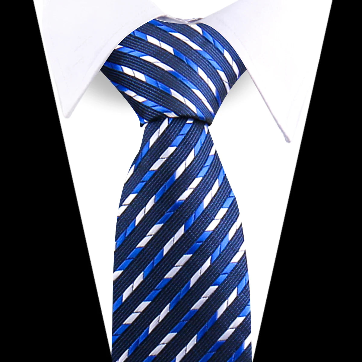 A blue and white striped silk necktie worn against a white shirt.
