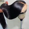 A long, straight, black lace front wig is displayed on a mannequin head.