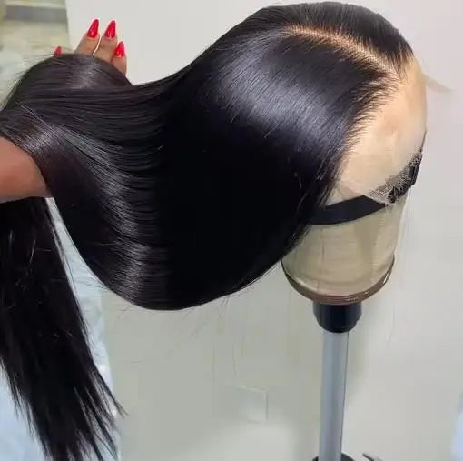 A long, straight, black lace front wig is displayed on a mannequin head.