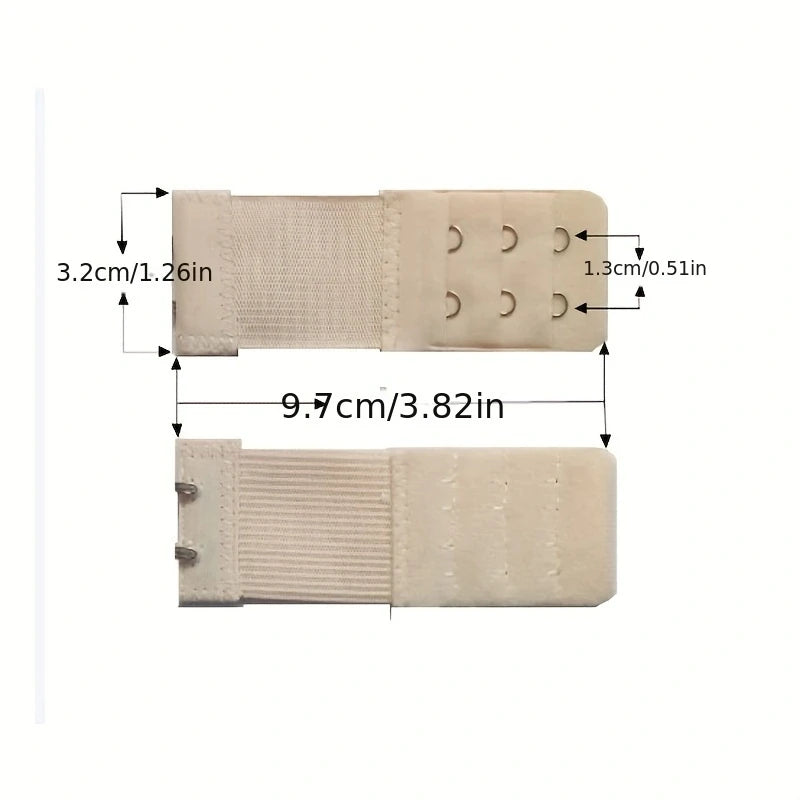 A beige adjustable bra extender strap with measurement markings showing its length and width.